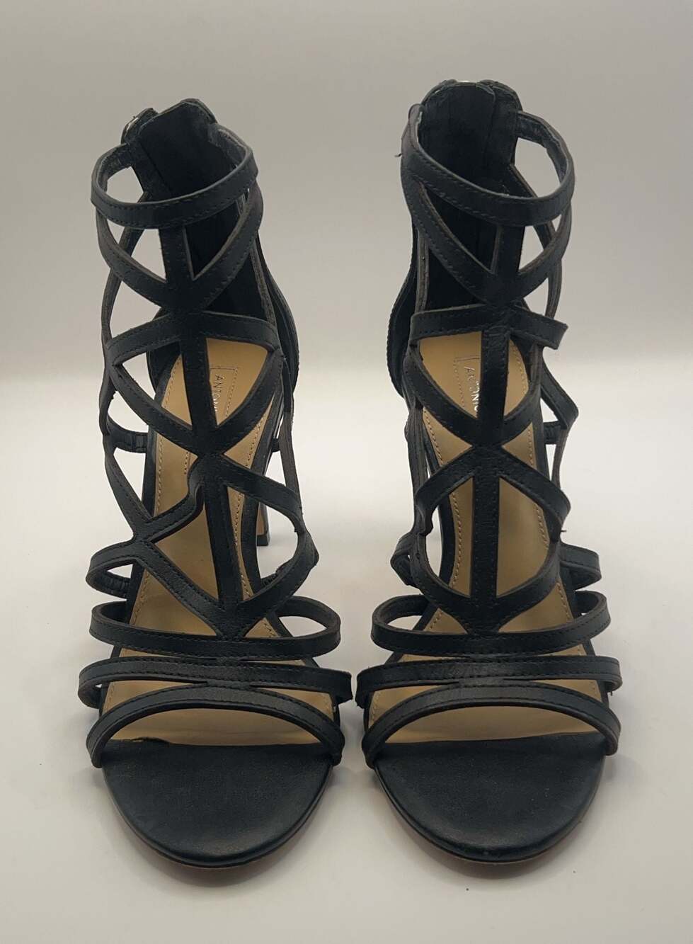ANTONIO MELANI Black Strappy Cage Heel Sandals